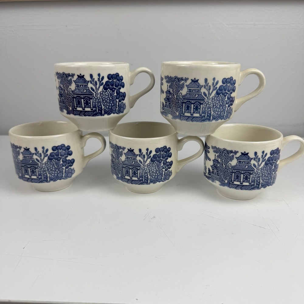 Vtg Blue Willow Transferware Tea Cups Set 5 Made In England Blue White